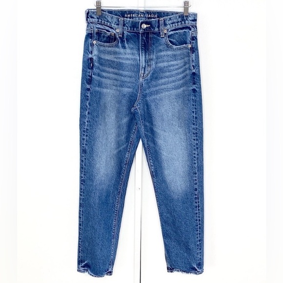 American Eagle | Medium-Wash Denim Super High-Rise Stretch Straight Jeans Sz 10 - Picture 3 of 16